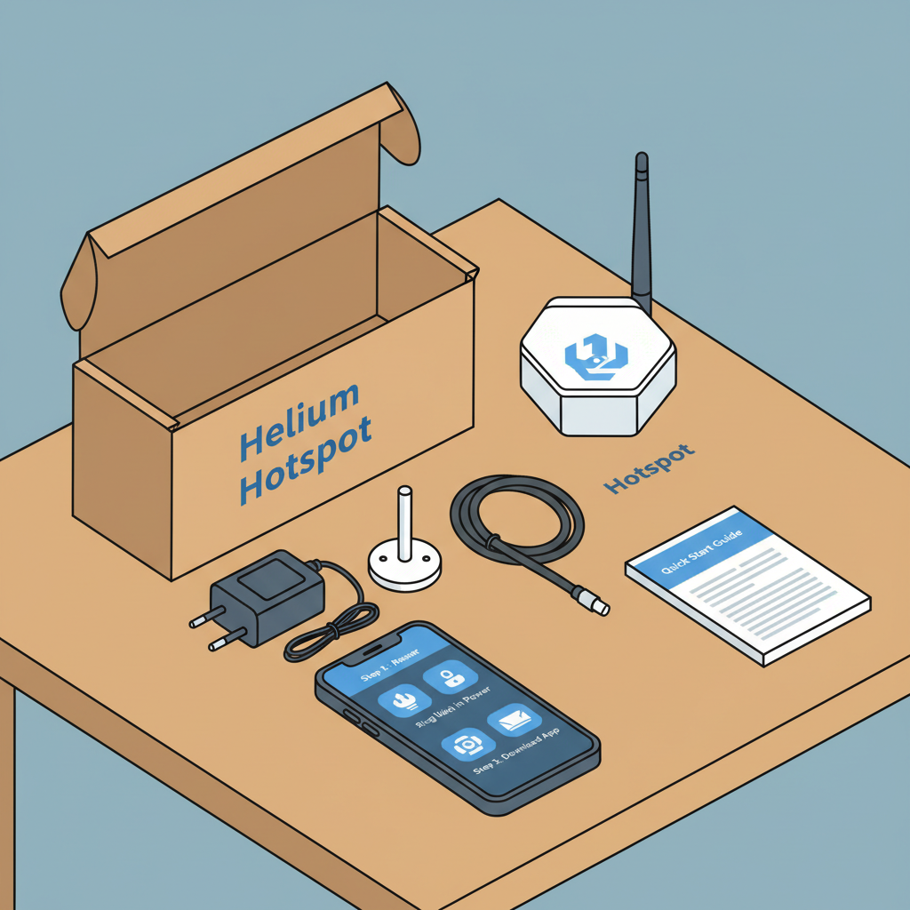unboxing Helium hotspot, components laid out on table, beginner friendly setup