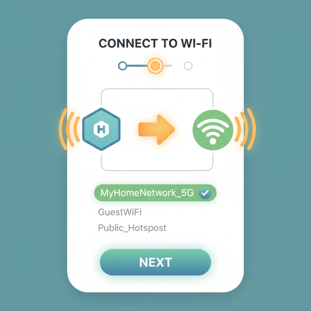smartphone app screen connecting Helium hotspot to WiFi, network icons glowing
