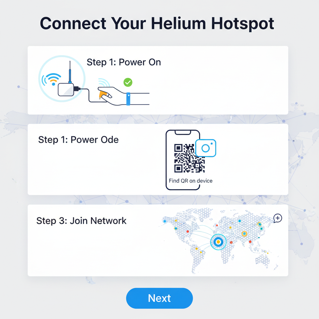 mobile app onboarding Helium hotspot, QR scan, network map background