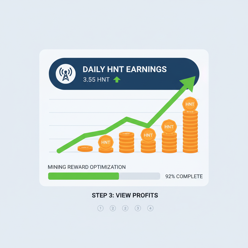 dashboard showing Helium HNT earnings graph, upward trend, coins stacking
