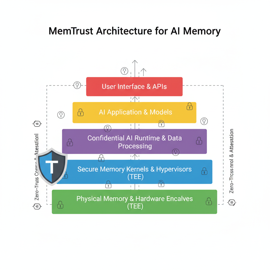 MemTrust architecture layers diagram for AI memory with TEE protection and zero-trust icons