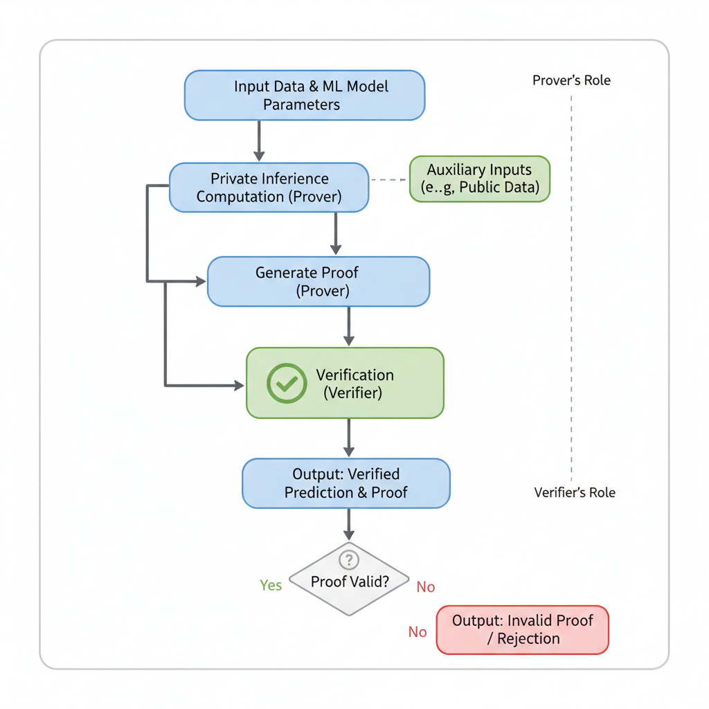 zero-knowledge proof generation flowchart for zkML model inference with verification checkmark