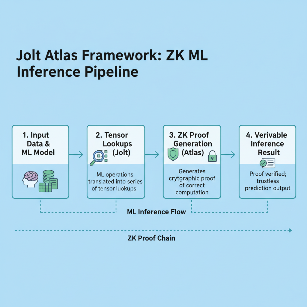 Jolt Atlas framework diagram showing tensor lookups and ZK proofs in ML inference pipeline