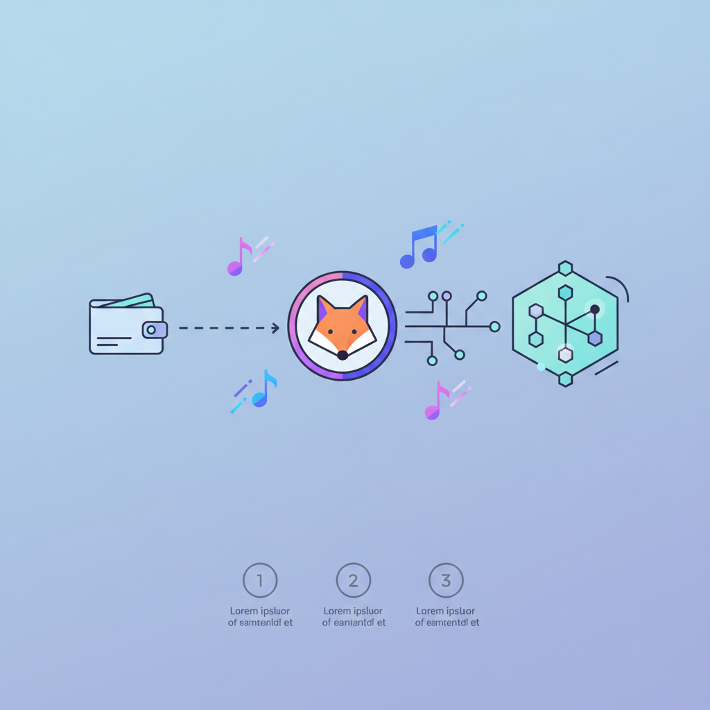 wallet connecting to blockchain platform, metamask icon, futuristic music notes