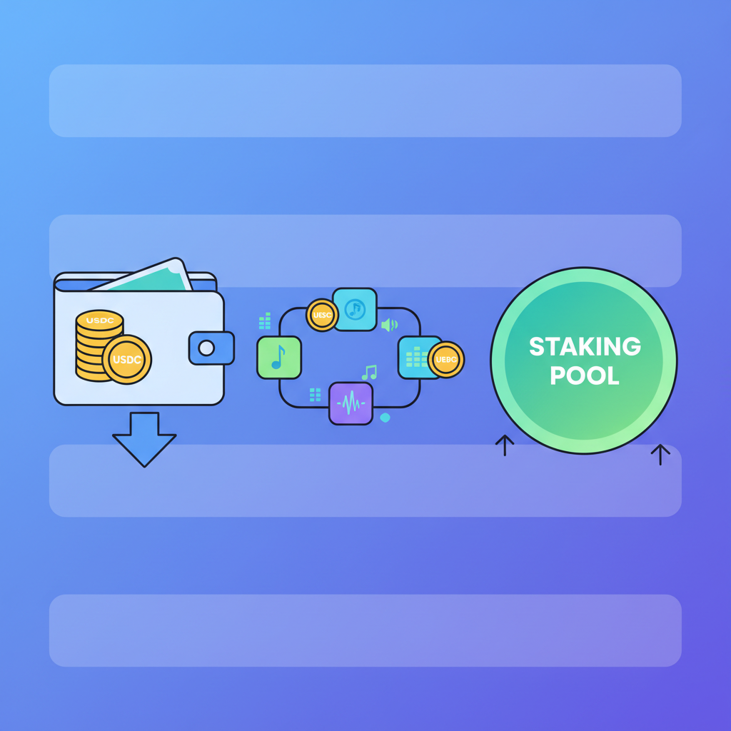 depositing USDC into staking pool, coins flowing, blockchain music theme