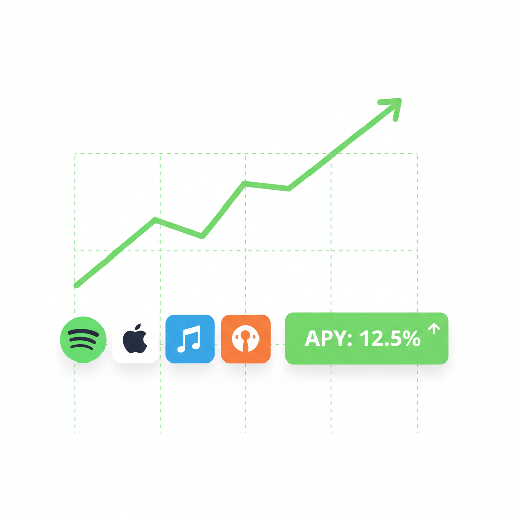 earning crypto rewards graph rising, music streaming icons, green APY display