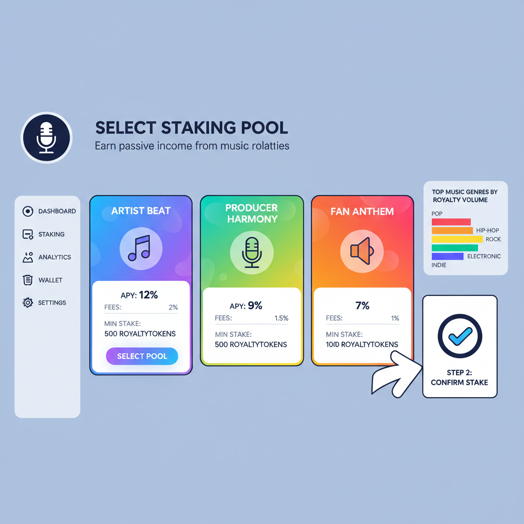 selecting staking pool on crypto dashboard, music royalties charts, vibrant UI