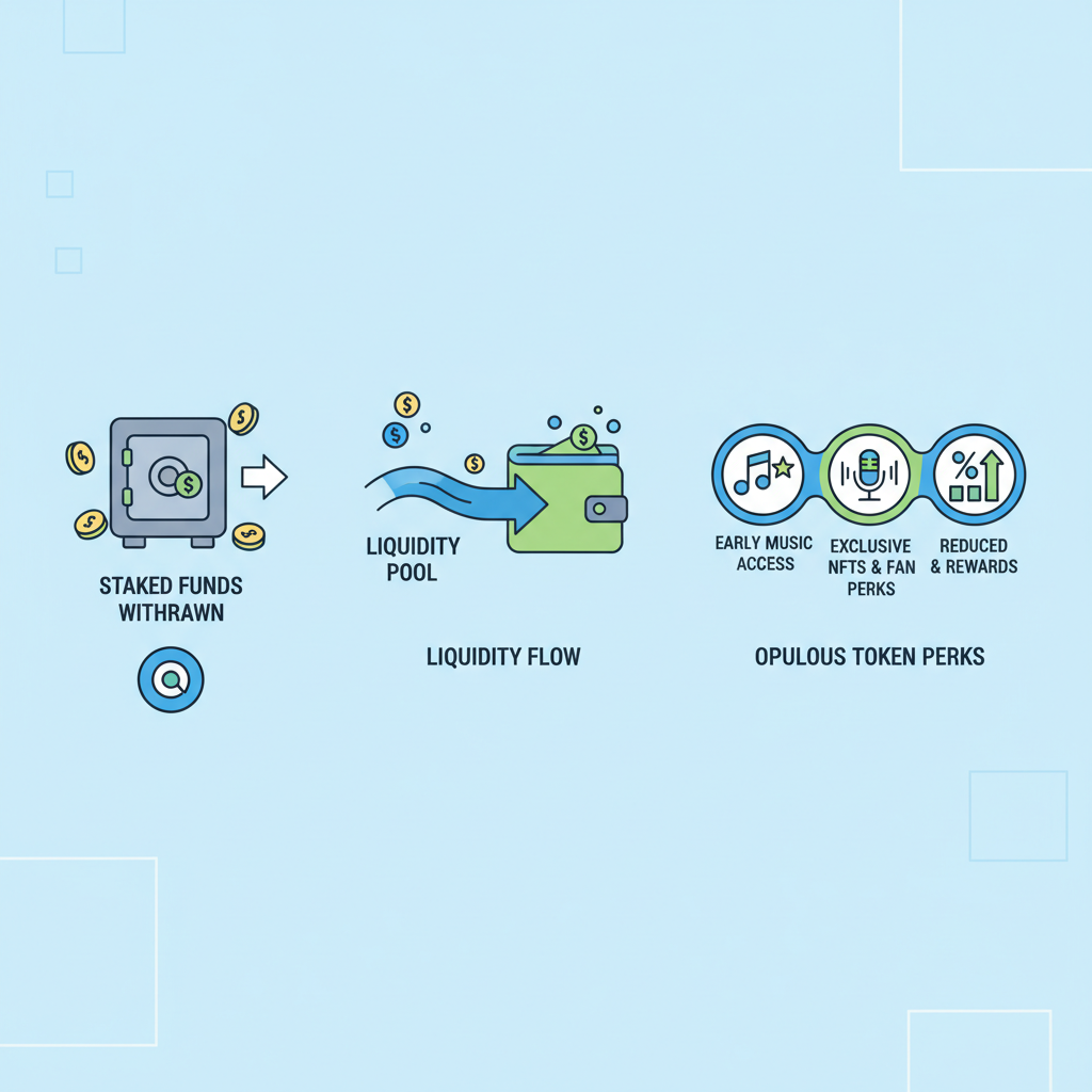 withdrawing staked funds, liquidity flow, opulous token perks icons