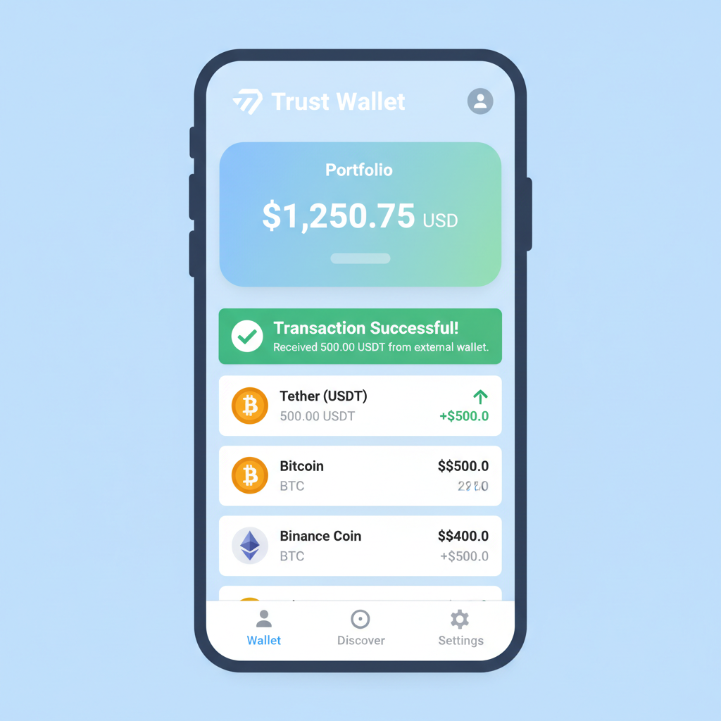 Trust Wallet home screen showing fresh USDT balance notification success
