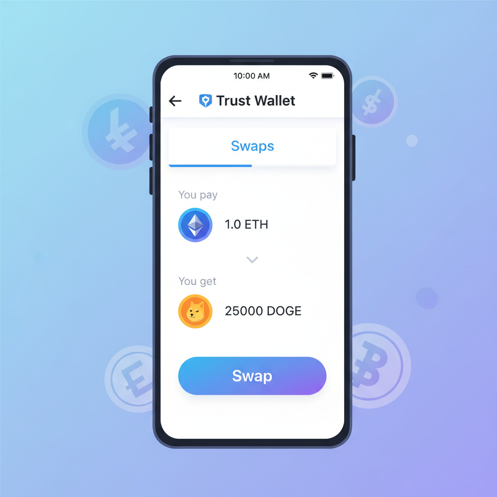clean mobile screen Trust Wallet app open on Swaps tab, colorful crypto icons, simple UI