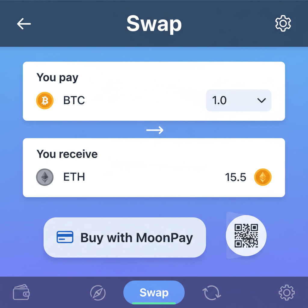 Trust Wallet swaps screen highlighting MoonPay option with QR code scanner