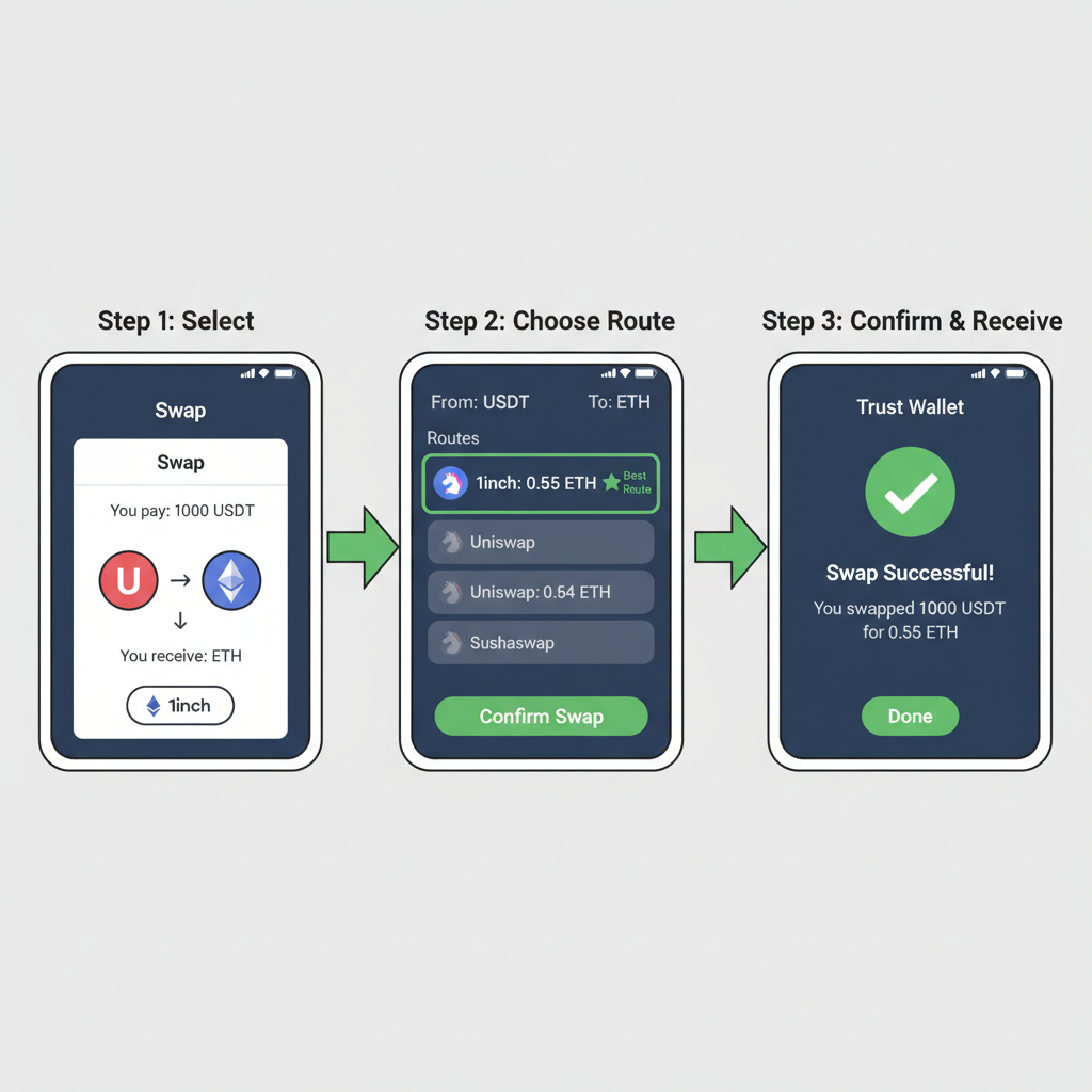 Trust Wallet swap interface USDT to ETH via 1inch aggregator best route