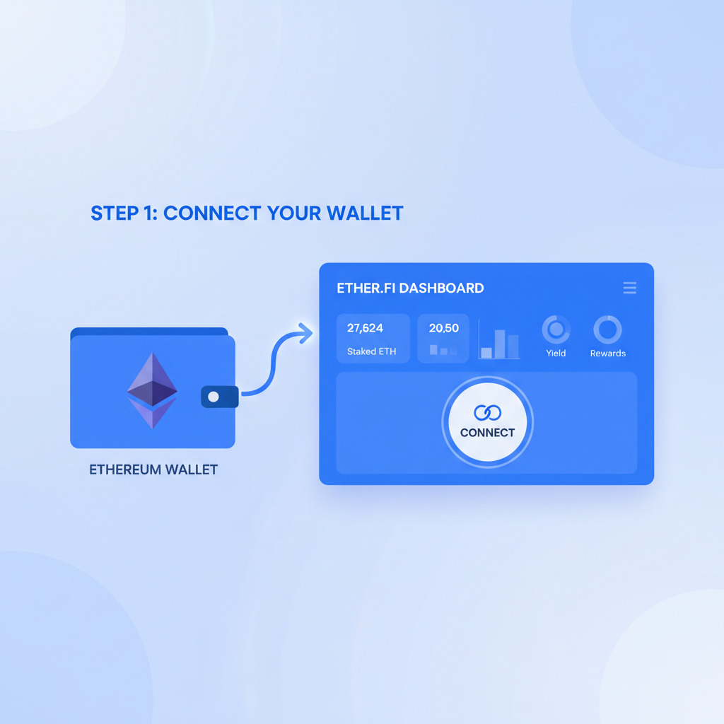 Ethereum wallet connecting to Ether.fi dashboard, clean crypto UI, blue tones
