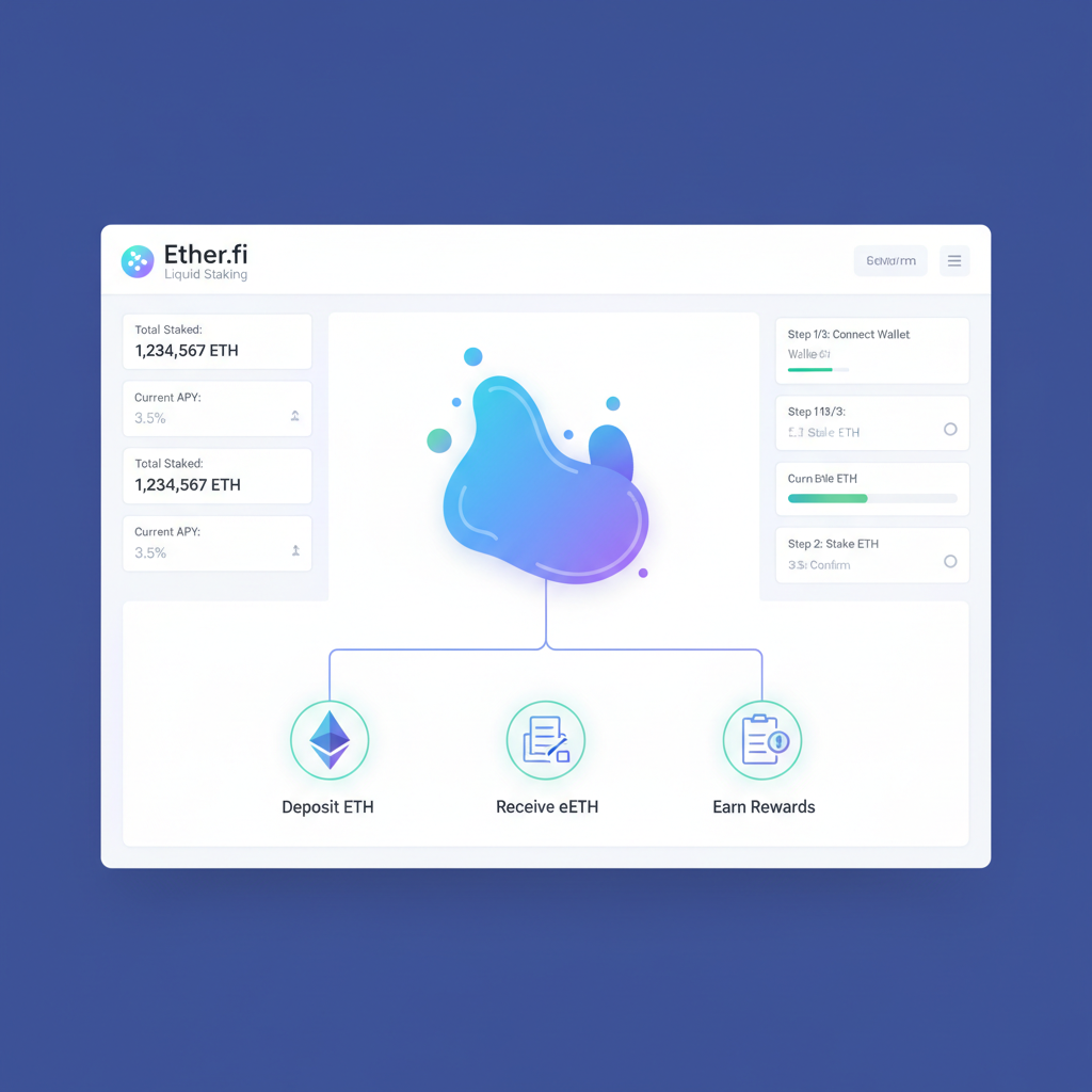 Staking ETH on Ether.fi platform, glowing liquid staking icons, dashboard view