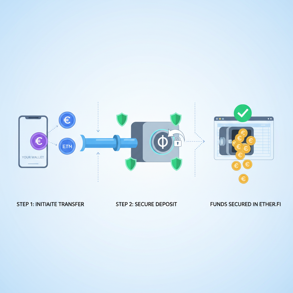 Depositing crypto funds into Ether.fi wallet, money flow animation, secure vault