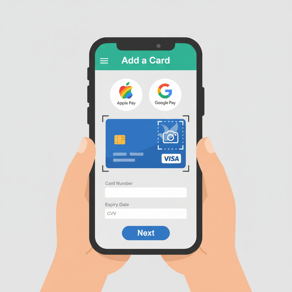 Linking Visa card to Apple Pay/Google Pay, phone screen with wallet app