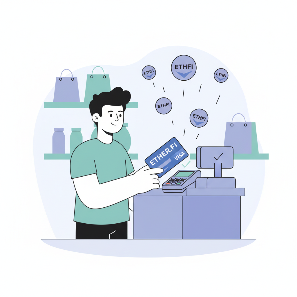 Person spending with Ether.fi Visa card, cashback ETHFI tokens raining, shopping scene