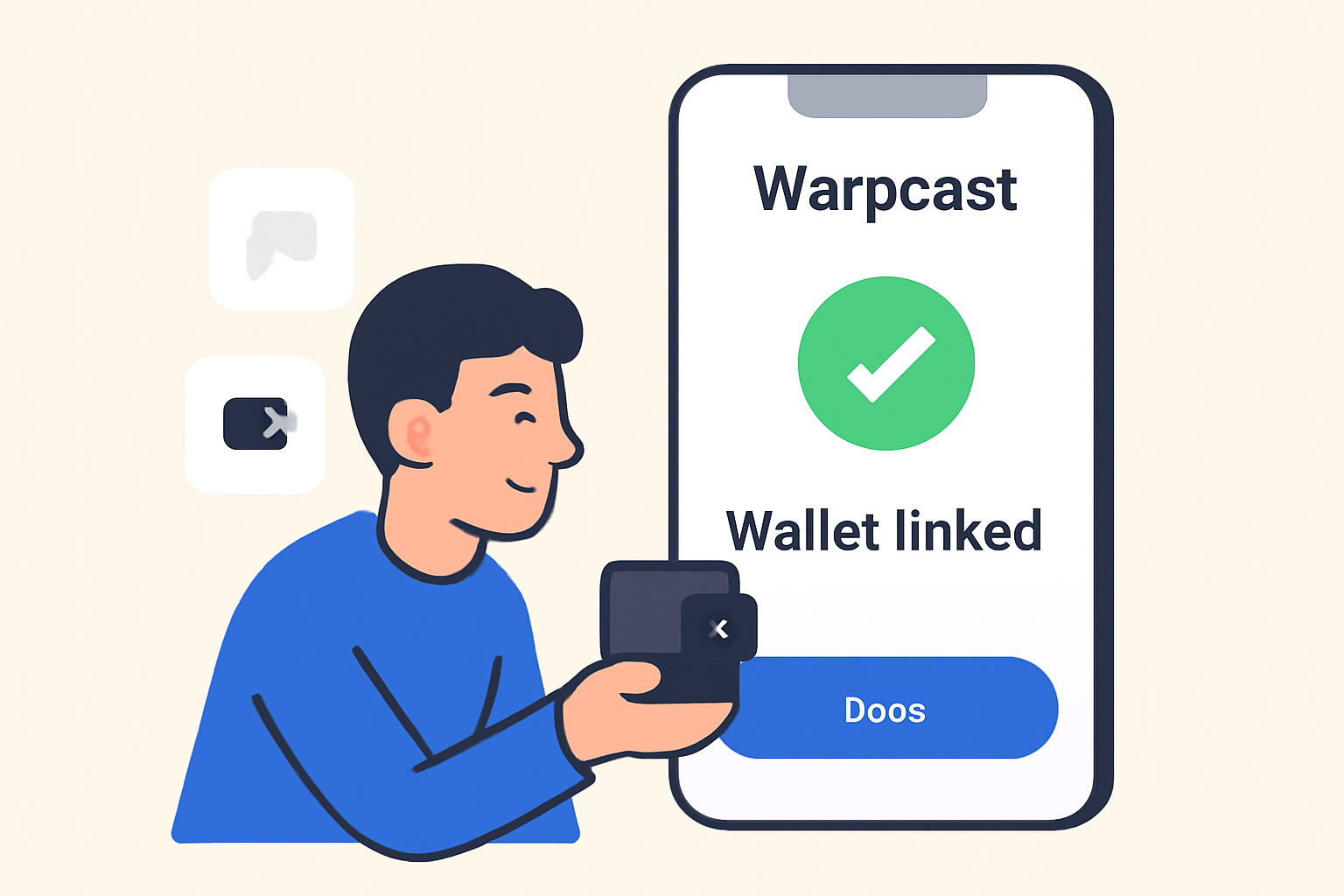 A user in the Warpcast app connecting their crypto wallet, with confirmation of successful linking.