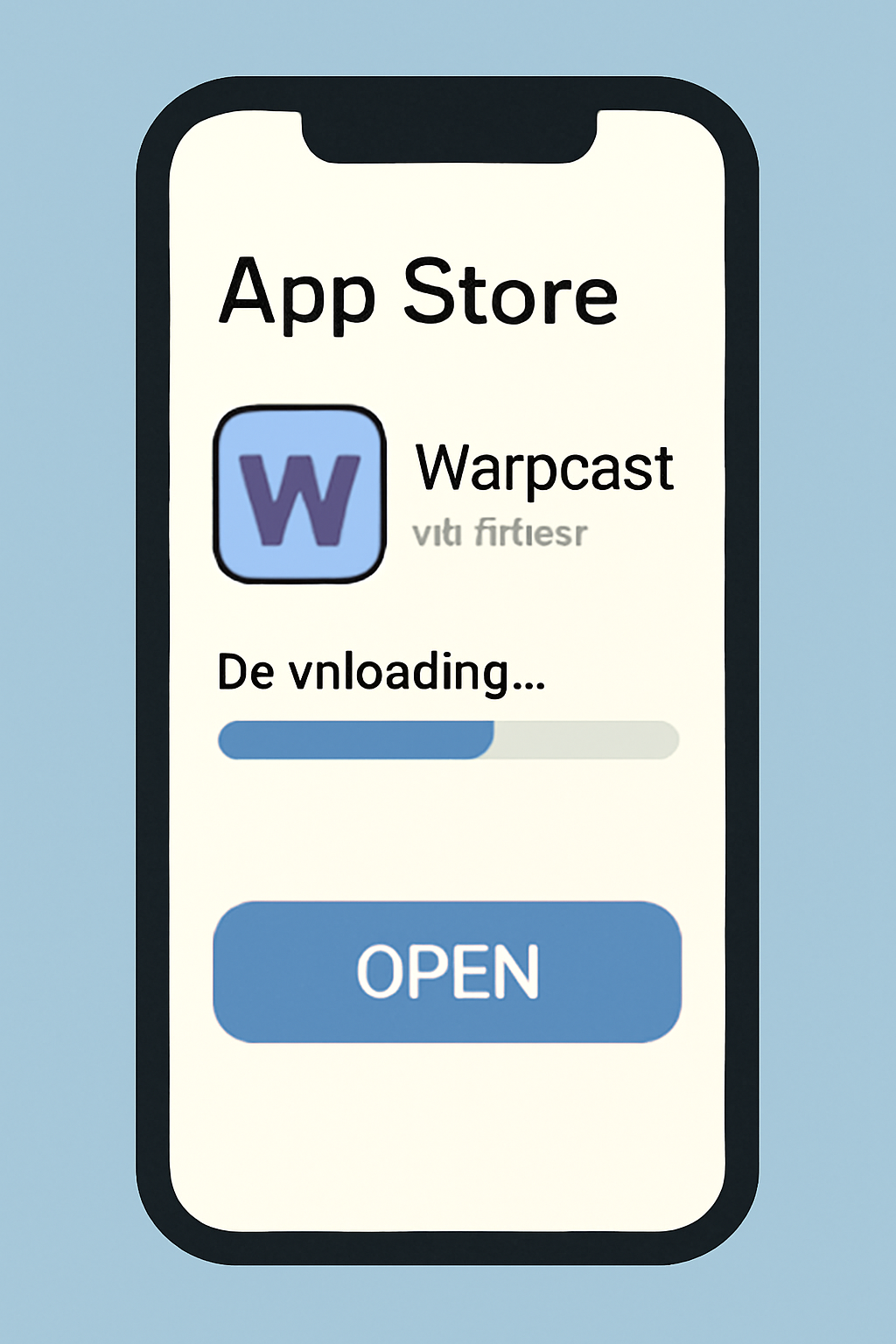 A smartphone screen showing the Warpcast app being downloaded from an app store, with Farcaster branding visible.