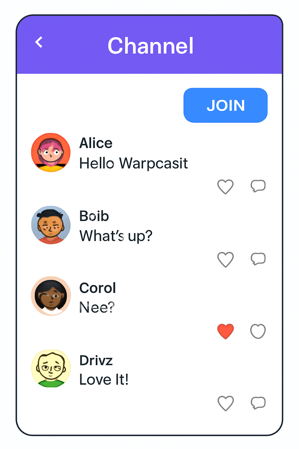 A vibrant channel feed in Warpcast, with users posting and interacting, and a highlighted 'Join' button.