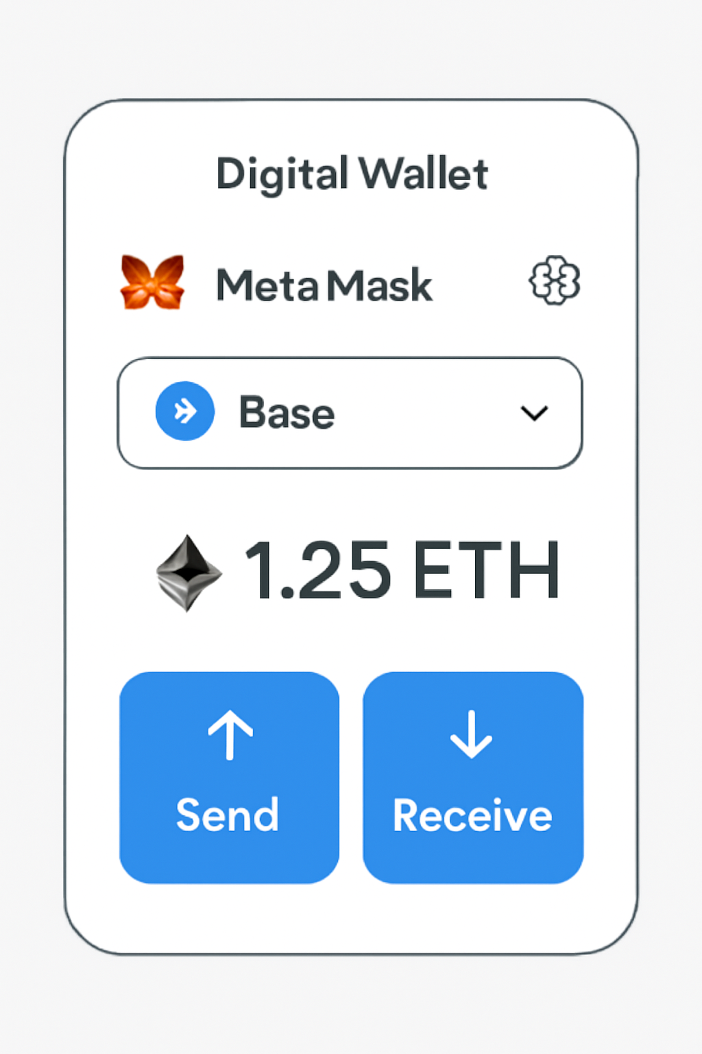 A digital wallet interface showing MetaMask or Coinbase Wallet, with Base network selected and ETH balance visible.
