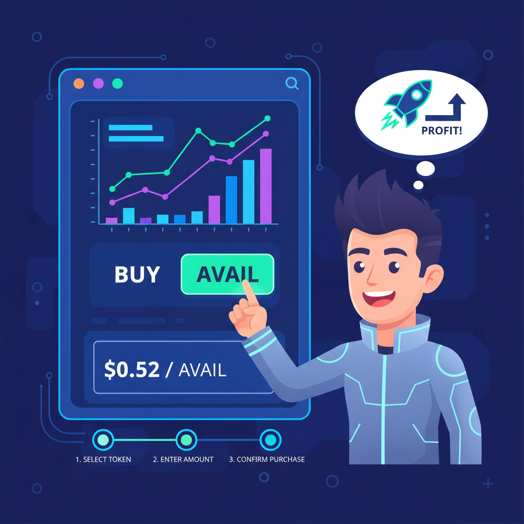 futuristic crypto exchange interface buying AVAIL tokens at low price, neon charts, excited trader