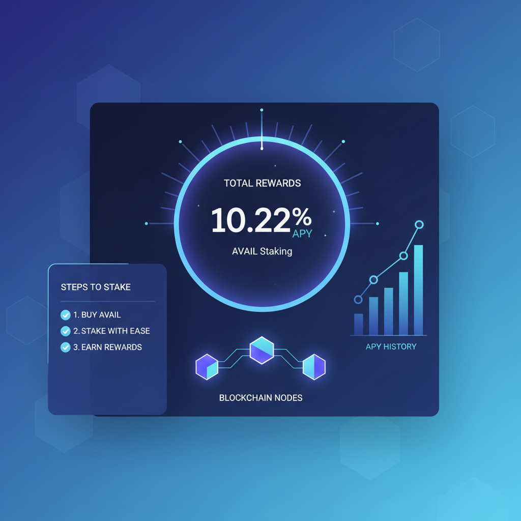 Coinbase staking dashboard showing 10.22% APY for AVAIL, glowing rewards meter, blockchain nodes