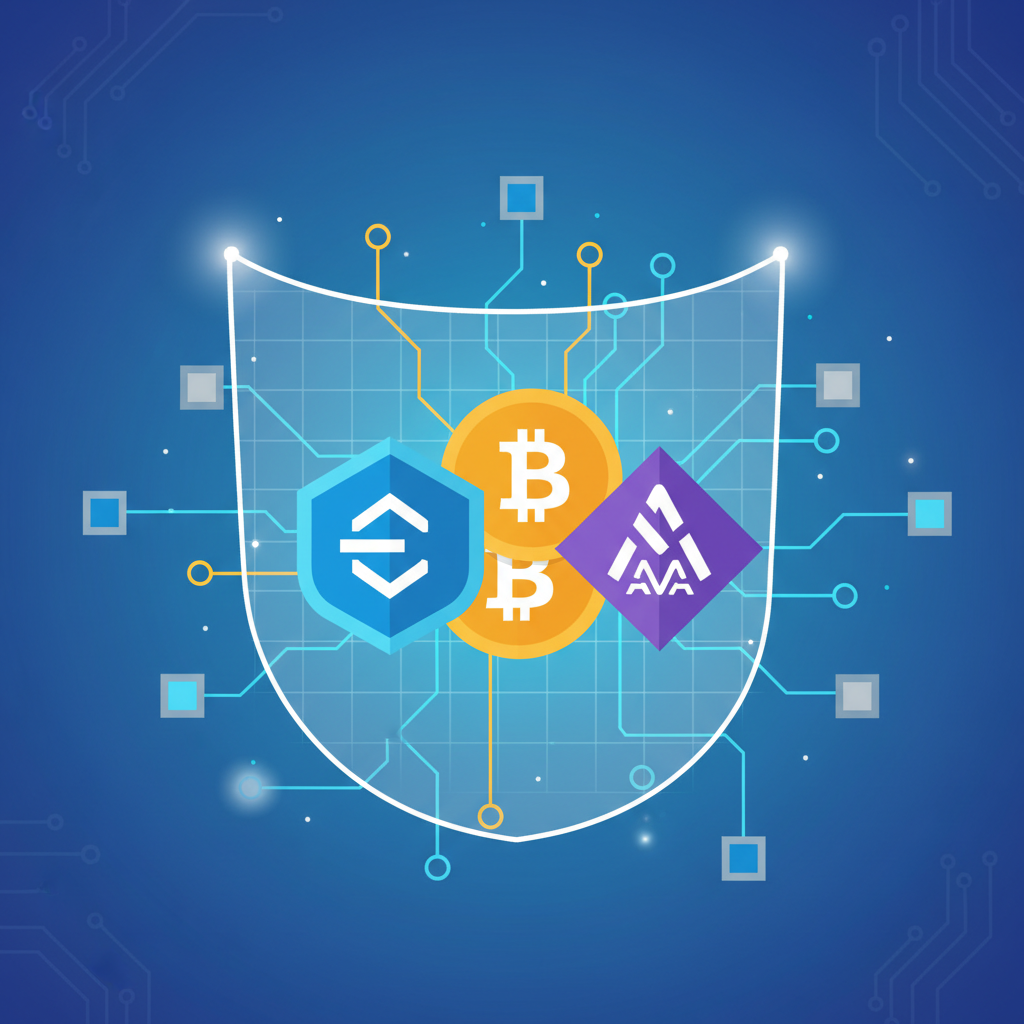 abstract fusion of ETH BTC and AVAIL tokens in security layer, glowing energy links, blockchain network