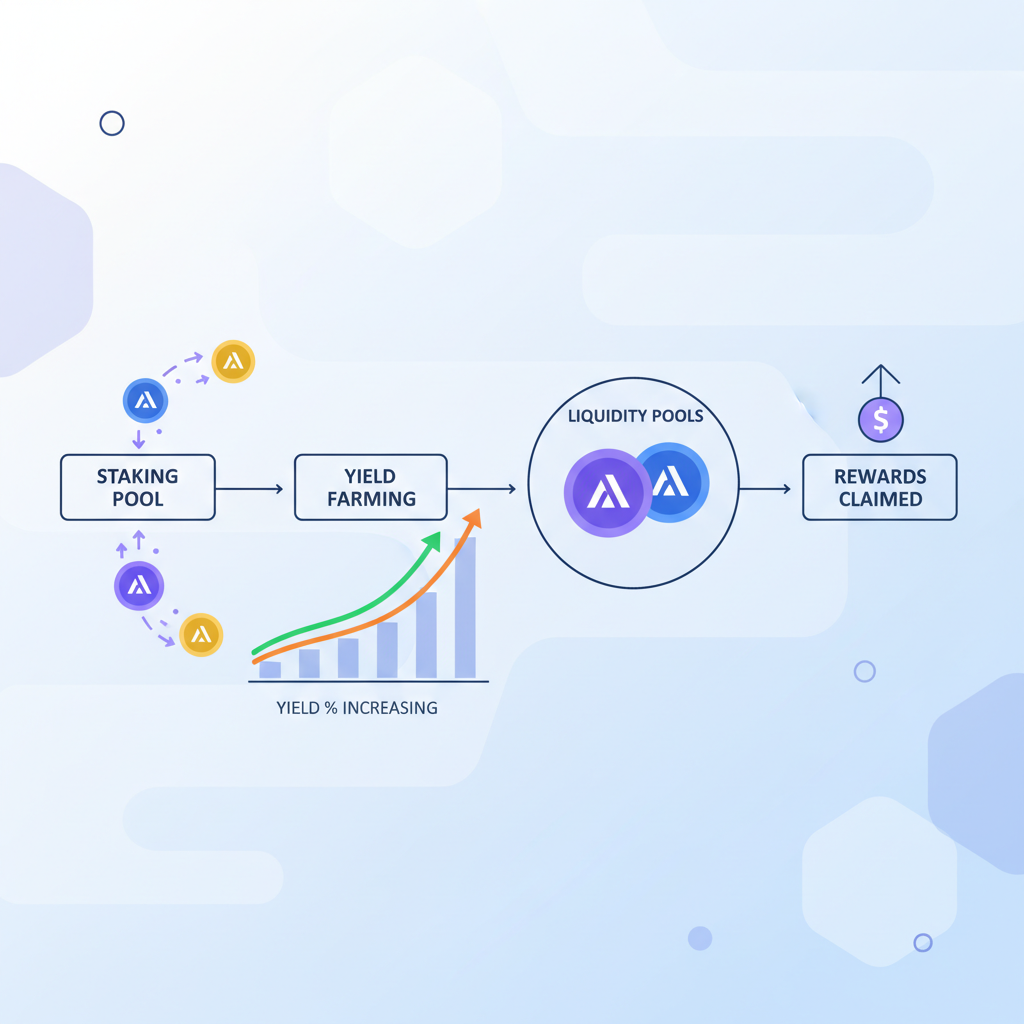 liquid staking tokens flowing in DeFi platform, AVAIL LST icons, yield graphs rising