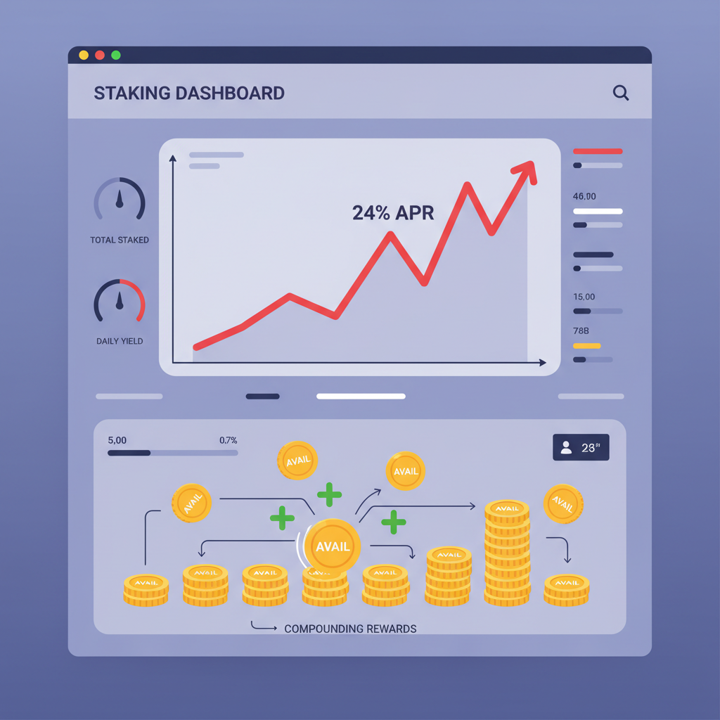 monitoring dashboard with 24% APR chart spiking, compounding rewards animation, AVAIL tokens multiplying