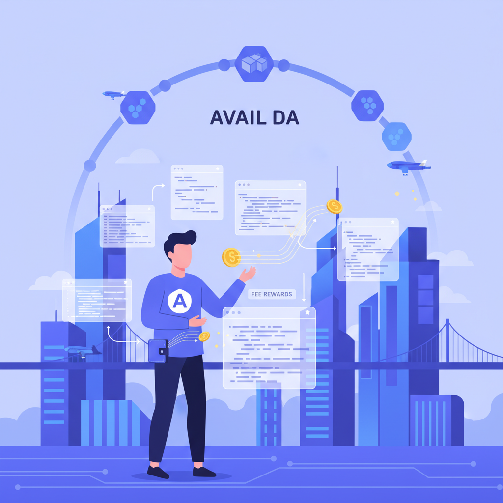 developer building on Avail DA blockchain, code interfaces, fee rewards flowing, futuristic cityscape