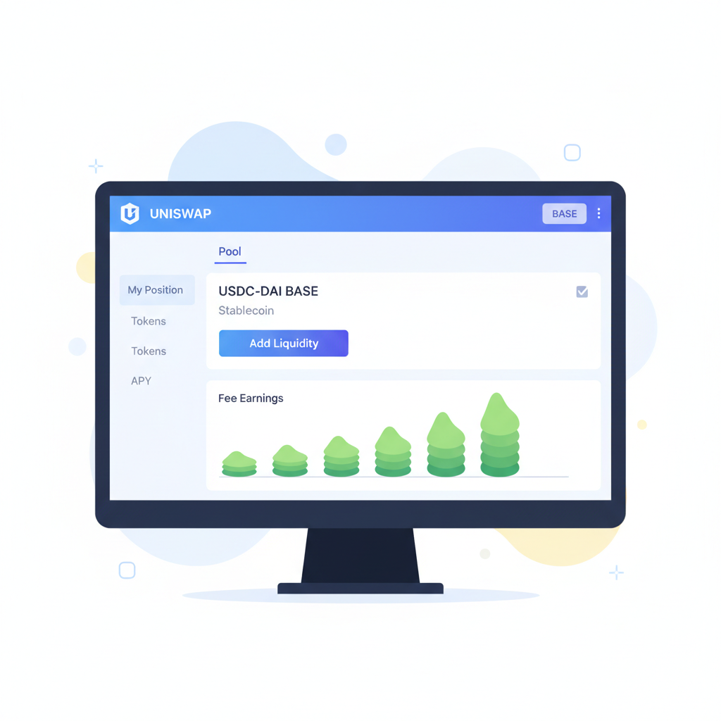 providing liquidity to Uniswap stablecoin pool on Base, fee earnings chart, green liquidity icons, vibrant DEX interface