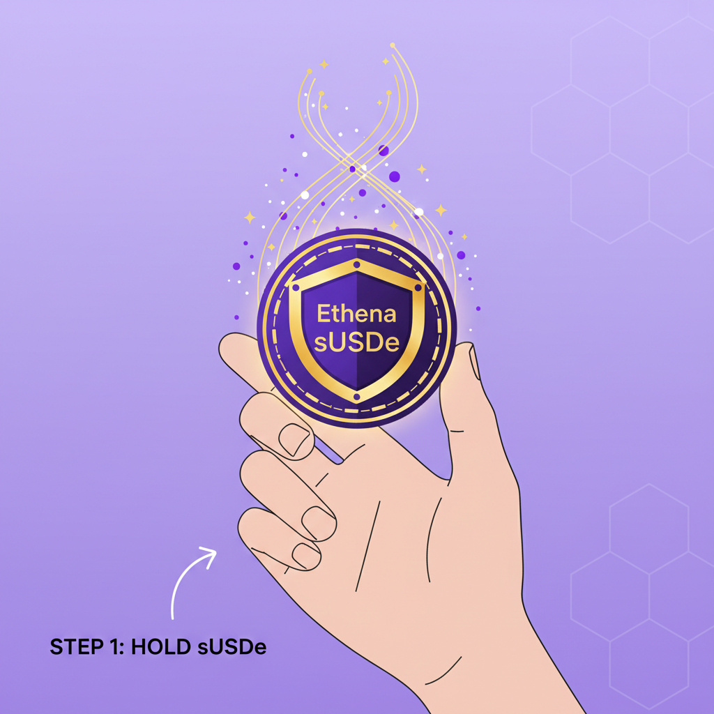 holding Ethena sUSDe token, yield accrual animation, stablecoin shield, purple and gold tones, futuristic