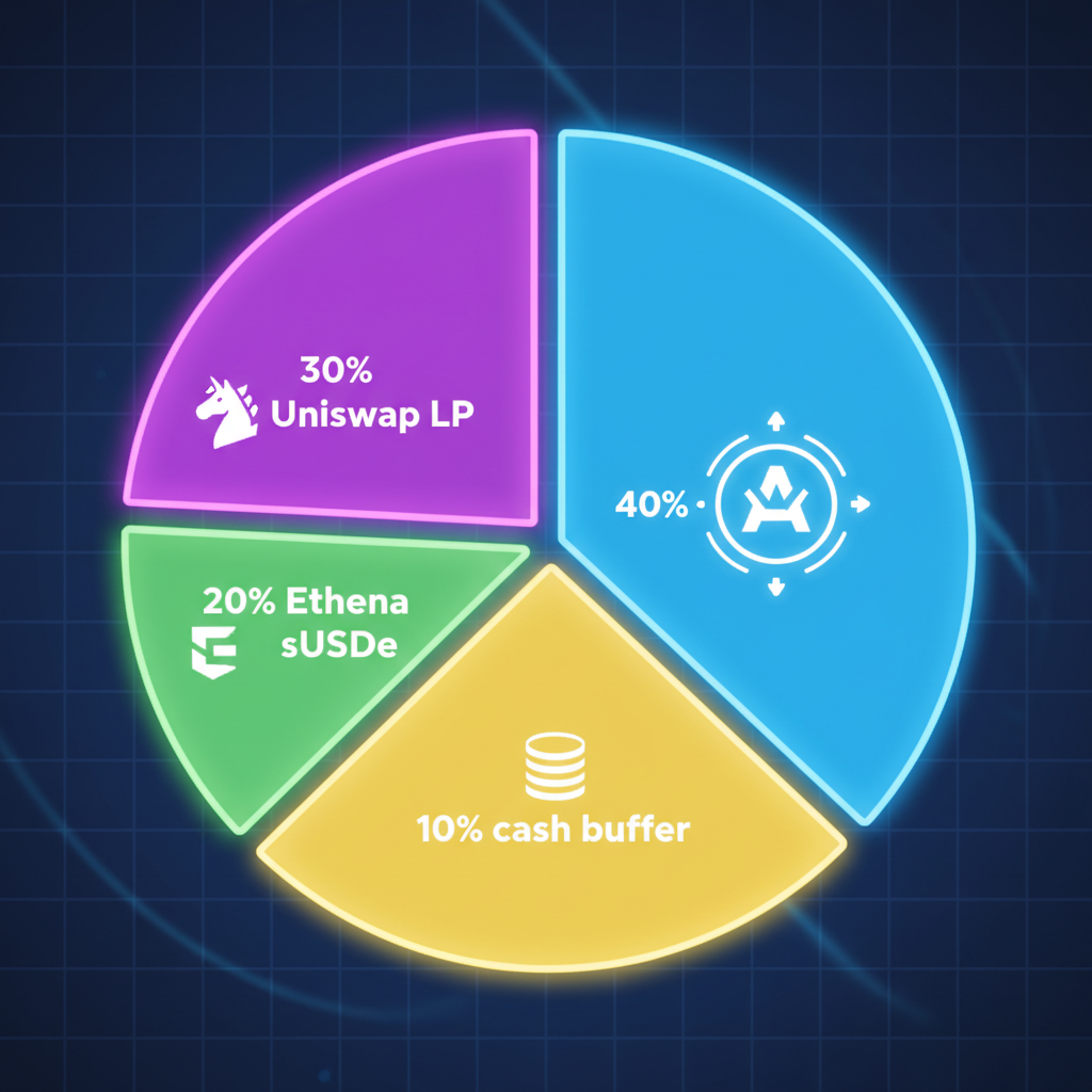 vibrant pie chart showing 40% Aave, 30% Uniswap LP, 20% Ethena sUSDe, 10% cash buffer, DeFi icons, neon colors, simple cartoon