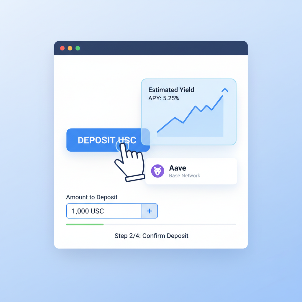 user depositing USDC into Aave interface on Base chain, yield graph rising, blue tones, clean UI screenshot style