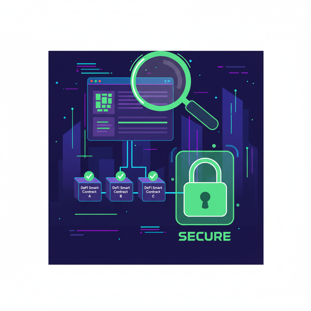 detective magnifying glass over DeFi smart contracts on blockchain explorer, green checkmarks, secure padlock, cyberpunk style