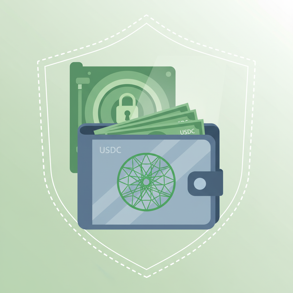 wallet with USDC cash buffer stack, safety net graphic, green secure vault, simple illustration