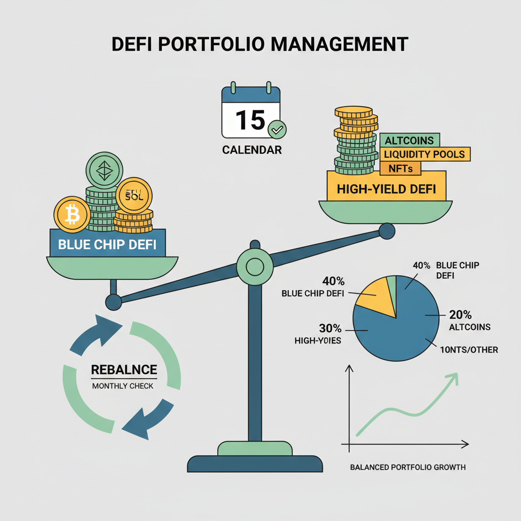 balance scale with DeFi allocations, rebalance arrows, calendar monthly check, balanced portfolio graph