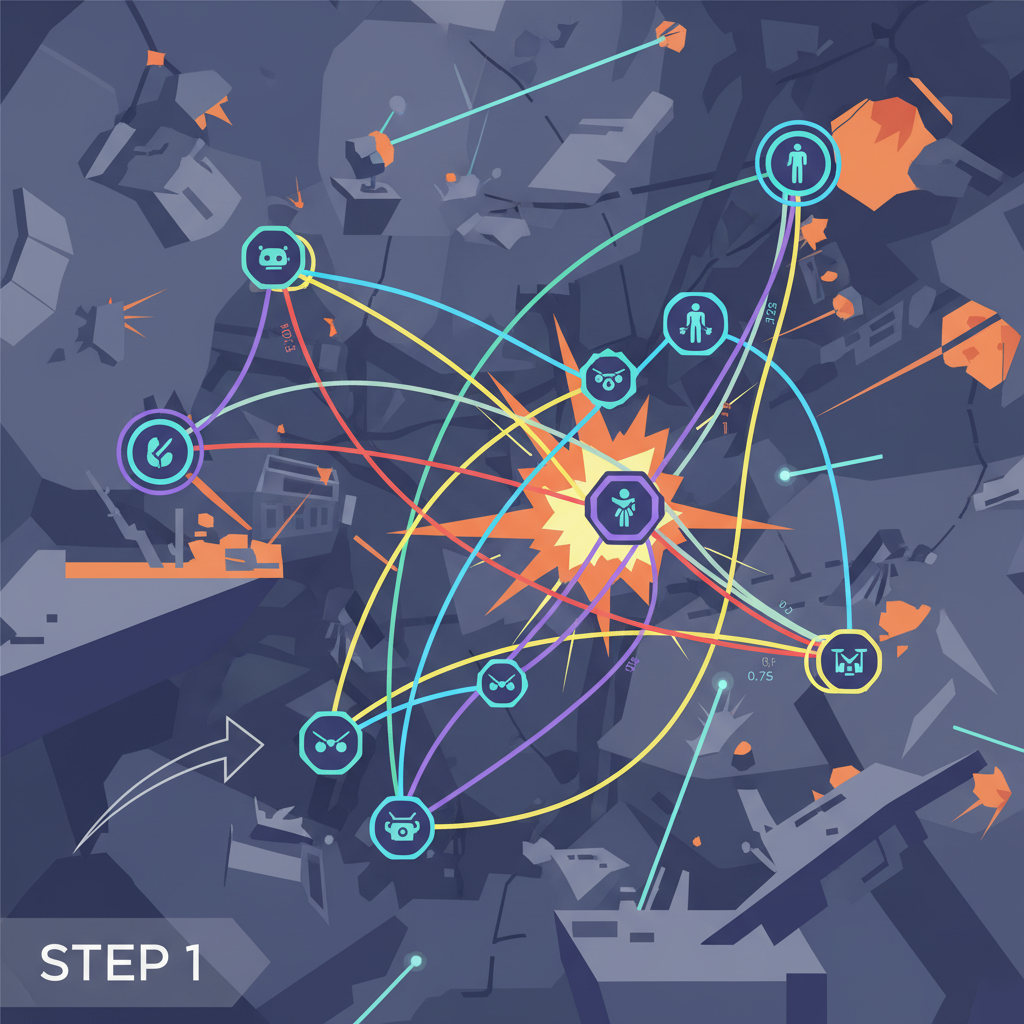futuristic dynamic graph network of glowing nodes for agents and weighted edges in cluttered battle arena