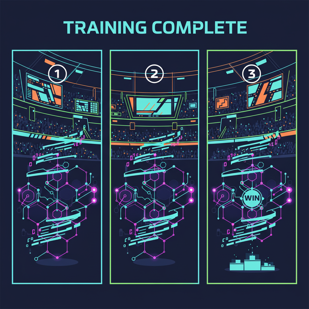 neural network training with glowing data streams, esports arena background, cyberpunk glow
