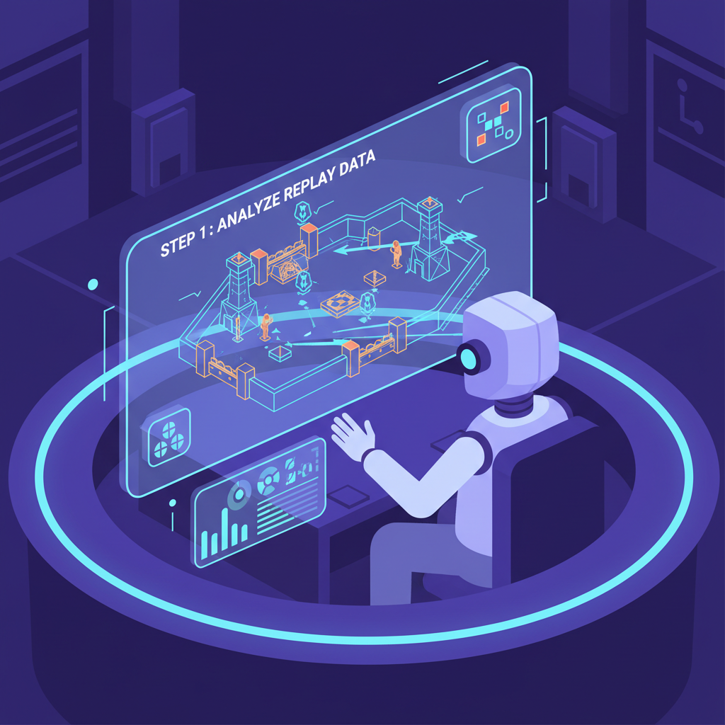AI agent analyzing game replays on holographic screen, battle royale arena, neon lights