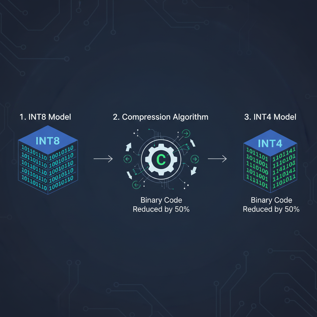 model conversion diagram INT8 to INT4, binary code compressing, futuristic tech