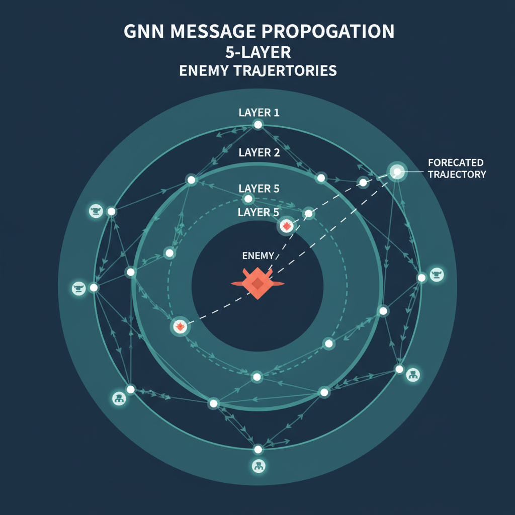 5-layer GNN message propagation waves forecasting enemy trajectories in arena graph