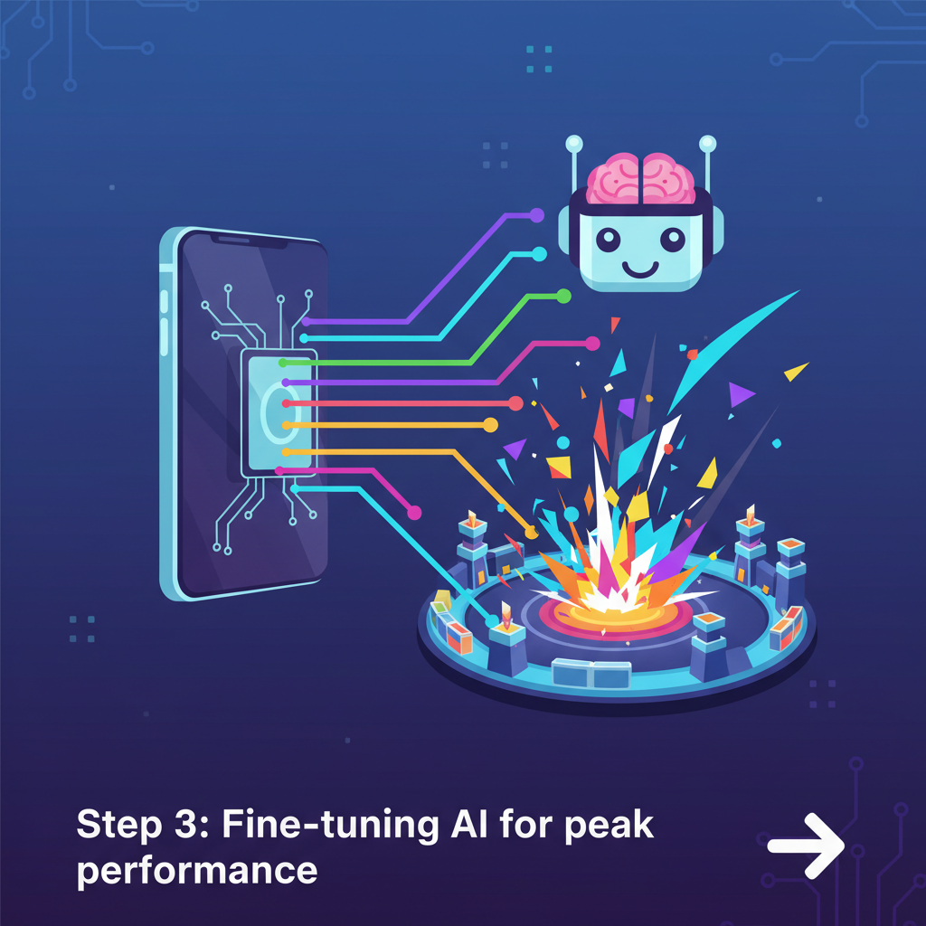 edge device fine-tuning AI agent, mobile gaming arena explosion, vibrant energy