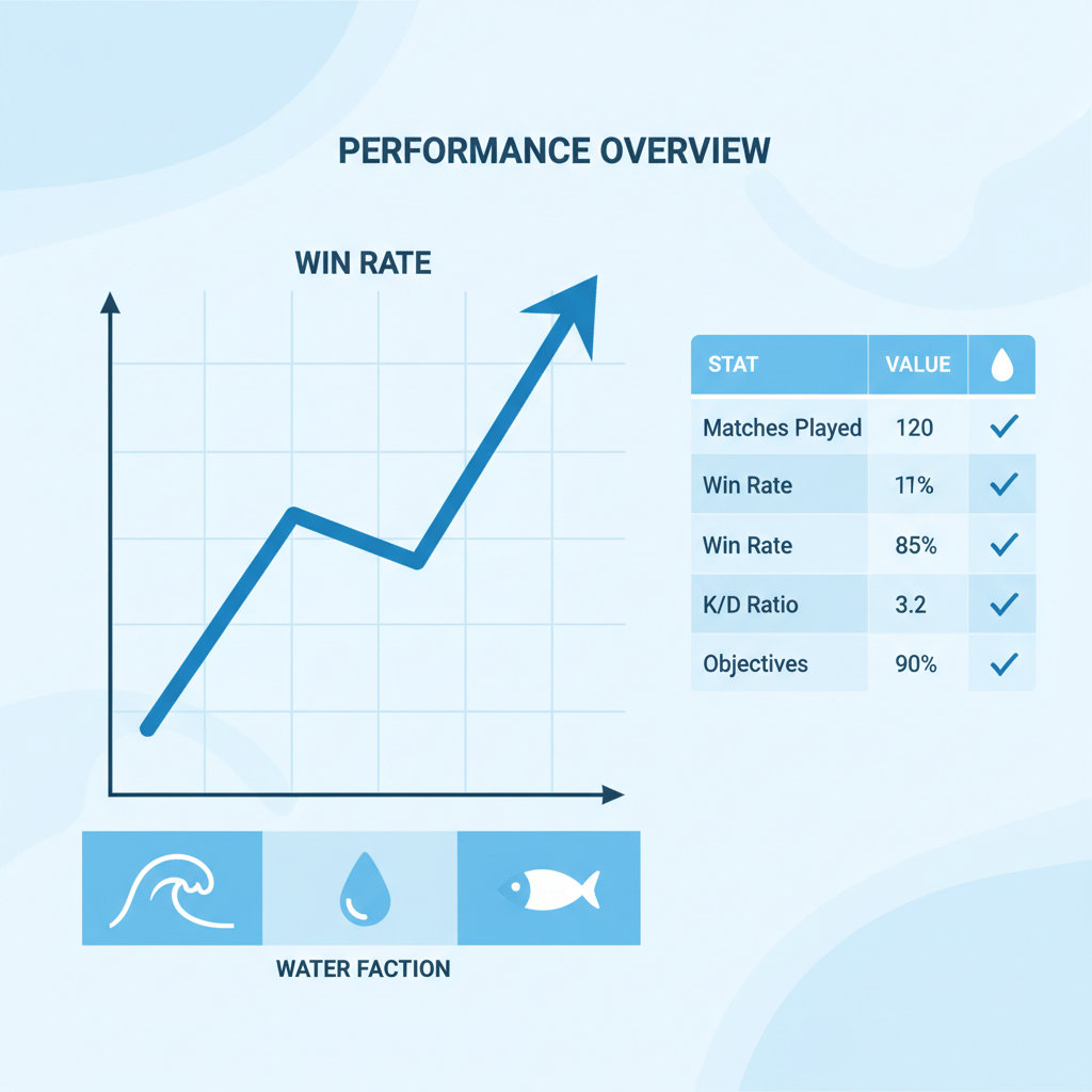 performance charts with win rate graphs spiking up, stats table, Water faction icons