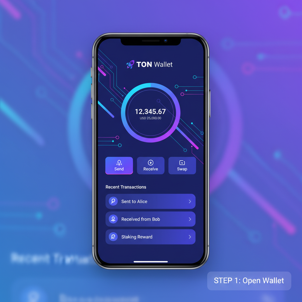 sleek mobile screen showing TON Wallet app open on homepage, futuristic blockchain interface, vibrant blues and purples