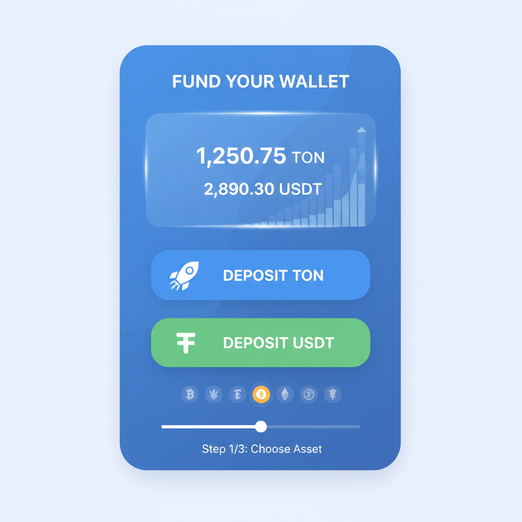TON Wallet funding screen with TON and USDT deposit options, glowing wallet balance increasing, crypto icons