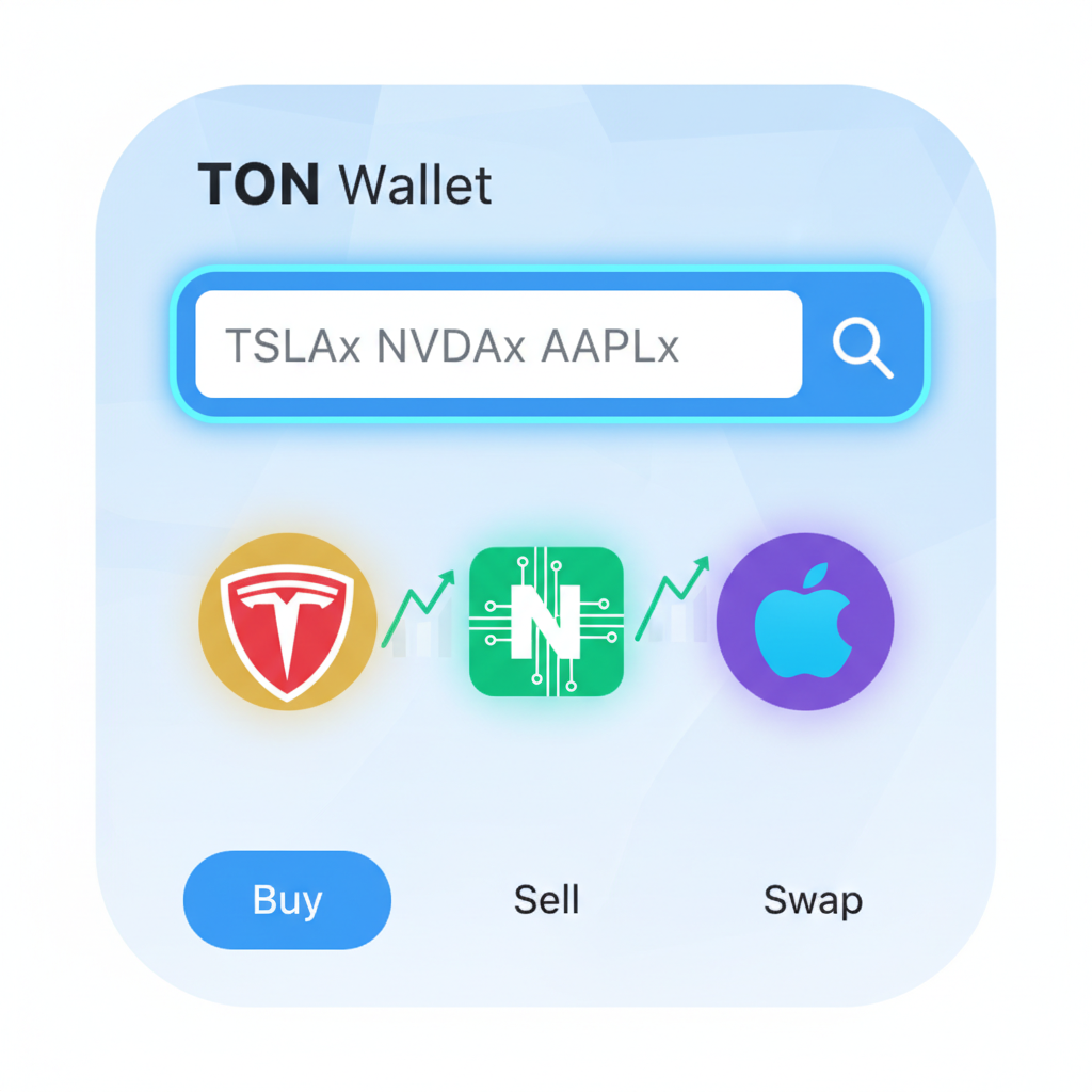 search bar in TON Wallet showing TSLAx NVDAx AAPLx results, stock icons glowing, market charts mini