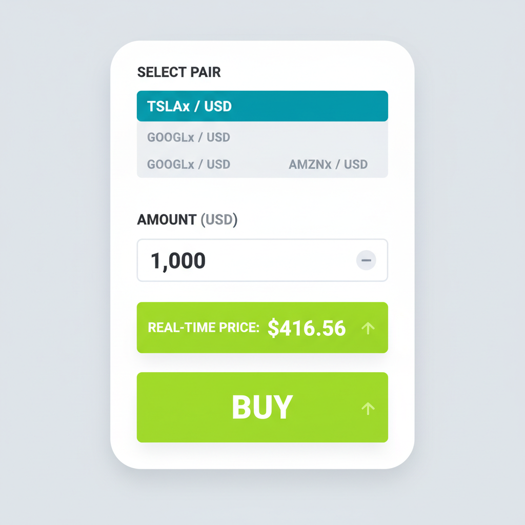swap screen selecting TSLAx pair, amount input, real-time price display $416.56, energetic green buy button