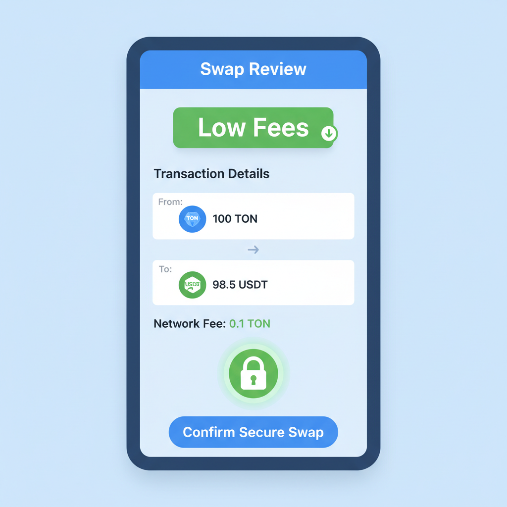 TON Wallet swap review page, low fees highlighted, transaction details, secure confirmation padlock